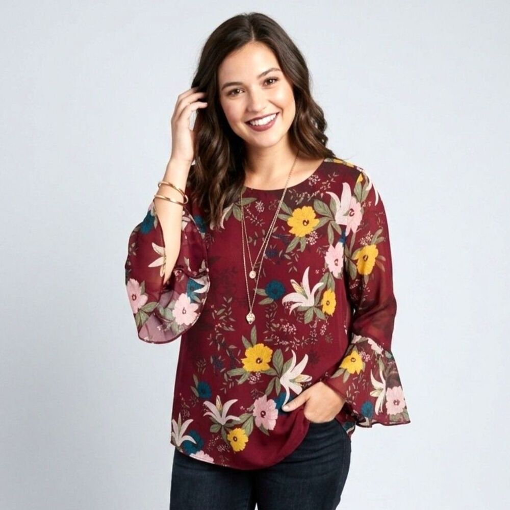 Vince Camuto Boho Flutter Sleeve Floral Blouse XXS Red Lightweight Romantic NWT